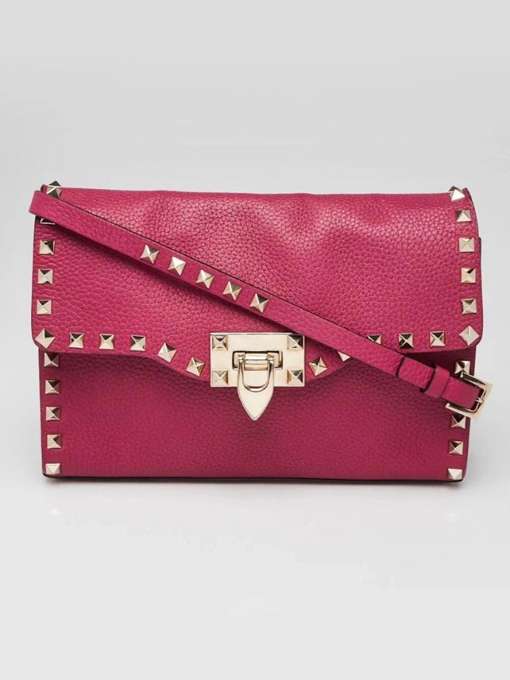 Valentino Dark Pink Pebbled Leather Rockstud Medium Flap Crossbody Bag